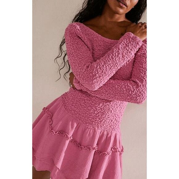 Free People What A Time Textured Long Sleeve Pink Mini Dress XS NWT - Picture 9 of 10